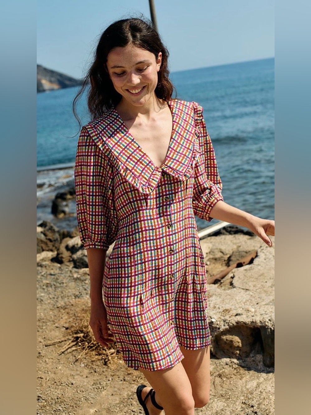Ciao Lucia Multi-Color Checked mini dress with Wide Collar, S